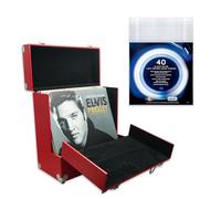 Retro musique 12" Vinyl Record Storage Case with Unique Folding Front Flap for Better Access to your LPs,Holds up to 35 LPs, includes 40 Vinyl Record Outer Sleeves (Red)