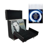 Retro musique 12" Vinyl Record Storage Case with Unique Folding Front Flap for Better Access to Your LPs,Holds up to 35 LPs, Includes 40 Vinyl Record Outer Sleeves (Black)