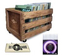 Retro musique Wooden 12” LP Vinyl Record Storage Crate on Wheels Holds up to 100 albums (In PVC Sleeves) with Hessian Cloth Cover includes 40 Vinyl Record Outer Sleeves (Oak Finish)