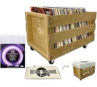 Retro musique Wooden 12” LP Vinyl Record Storage Crate on Wheels Holds up to 100 Albums (in PVC Sleeves) with Hessian Cloth Cover Includes 50 Vinyl Record Outer Sleeves (Teak Finish)