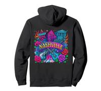 Retro Nashville Tattoo Art - Colorful Landmark Roses Guitars Pullover Hoodie