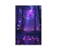 Retro Natural Landscape Canvas Wall Art Poster Enchanted Forest Purple Mystical Nightscape Poster Contemporary Artwork Rustic Floral Print16x24inch(40x60cm)