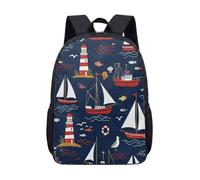 Retro Nautical Sailboat Lighthouse 17 Inch Backpack, Cartoon Maritime Seaside Print School Bag for Kids Teens Student Beach Travel (01)
