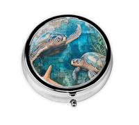 Retro Nautical Small Pill Box 3 Compartment Portable Pill Box for Purse Pocket Sea Turtle Mini Medicine Organiser for Daily Vitamin Fish Oil Storage