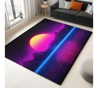 Retro Neon Grid Rug Living Room Soft Short-Pile Purple Rugs for Bedroom Anti Slip 140 x 200 cm, Thin Carpets for Dining Rooms, Offices, and Kids' Playrooms