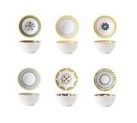 Retro Nordic Ceramic Bowls Set 6 Patterned Pieces 4.5 Inch Small Porcelain Rice Soup Dessert Bowls 11.5oz/340ml Colorful Underglaze Serving Bowls with Golden Rim, Microwave Dishwasher Safe Tableware