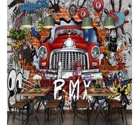 Retro Nostalgic Brick Walls Cars Graffiti Art 3D Wallpaper Premium Textured Silk Study Dining Living Room Bedroom Sofa TV Wall Easy Install-400cm×280cm