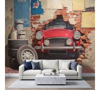 Retro Nostalgic Style Wall Mural 400x280cm, Classic Vintage Red Car Brick Wall Garage Theme Poster Mural, HD 3D Print Non-Woven Photo Wallpaper, Modern Living Room Bedroom TV Backdrop Wall Decoration