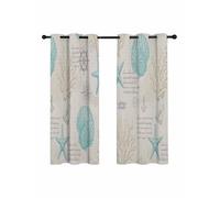 Retro Ocean Blackout Curtains for Bedroom Living Room, Nautical Coastal Turquoise Seashells Starfish Coral Compass 54 In Long Thermal Insulated Room Darkening Drapes Grommet Window Treatments 42x54 In