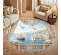 Retro Ocean Sailboat Round Rugs 180cm, Non Slip Area Rugs for Bedroom & Living Room - Soft Machine Washable Luxury Style Circle Carpet, Non Shedding Floor Mats for Home Room Decorative