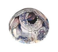 Retro Octopus Print Shower Cap - Double Layer Breathable, Adjustable Elastic Strap, Durable Hotel Travel Essentials