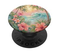 Retro Oil Paint Hibiscus Palm Tree Tropical Sunset PopSockets Adhesive PopGrip