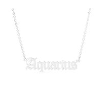 Retro Old English Silver Star Sign Pendant Chain Letter Necklace - Aquarius (20th January - 18th February) - Zodiac Constellation Horoscope Celestial Astrology Jewellery - Women Men Gift
