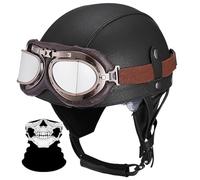 Retro Open Face Motorbike Helmet DOT ECE Certified Half Shell Pilot With Goggles, Vintage Half Face Helmet For Adults Men Women, For Moped Scooter Cruiser Bike(P,XL=(61~62cm))