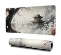 Retro Pagoda Mouse Pad Abstract Cherry Blossom Watercolor Mouse Pad 31.5x11.8 Inch Texture Non-Slip Rubber Base Large Mousepad Stitched Edges Keyboard Mouse Mat Desk Pad for Office