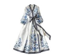 Retro Palace Style Printed Dress for Women with Waist Straps V-Neck Lantern Long Sleeves Over The Knee Dress for Women, Elegant High-Waisted Pleated Hem A-Line Spring Autumn Robe,White,S