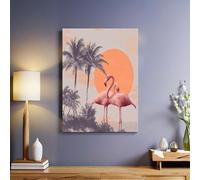 Retro Palm Trees Canvas Wall Art Watercolor flamingo 50 x 40 cm Framed Floral Poster Print Waterproof Stretched Picture for Bathroom Kitchen Bedroom Home Decor
