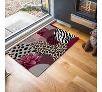 Retro Patchwork Style Door Mat Indoor, 90 x 150 cm Heavy Duty Rubber Doormats Non Slip Washable Leopard Print Zebra Print Floor Mat Super Absorbent Entrance Rug for Kitchen Bathroom Entryway, Claret