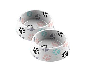 Retro Paw Print Melamine/Plastic Pet Food Bowls - Medium x 2