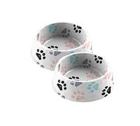 Retro Paw Print Melamine/Plastic Pet Food Bowls - Small x 2