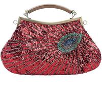 Retro Peacock Handbag Sequin Clutch Bag Evening Shoulder Bag Wedding Crossbody Bag Top Handle Satchel Kiss Lock Purse(Red)