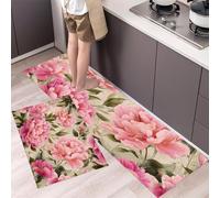 Retro Peony Kitchen Rugs Sets Non Slip Washable Kitchen Mats Anti Fatigue Comfort Country Style Floor Mats for Laundry, Hallways, Sink 43x75cm+43x120cm Pink