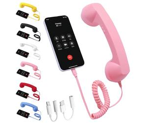 Retro Phone Handset, Bluetooth Retro Phone Handset, Wired External Receiver with Microphone, for Iphone & Android Ipad Mobile Phones Cell Phone Smartphone (Wired version,Pink)