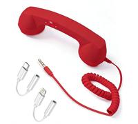 Retro Phone Handset for Smartphones, Wired Vintage Telephone Receiver with 3.5mm Jack, Includes USB-C and Lightning Adapters, Built-In Microphone and Speaker, Desk Accessory (Red)