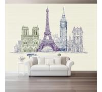 Retro Photo Wallpaper for Living Room, 400 x 280 cm Wall Mural Hand-Drawn City Architecture Beige Non-Woven Photo Wallpaper 3D Effect Poster Mural for Bedroom Dining Room Hallway Decoration
