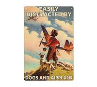 Retro Pilot And Dog Metal Tin Sign Easily Distracted By Dog And Airplan Poster Airplane Lovers Vintage Metal Plaque Wall Decor Gift For Bathroom Farm Bedroom Cafe School 8x12 Inch