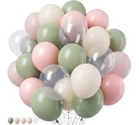 Retro Pink and Sage Green Balloons, Olive Green Pale Pastel Pink Cream White Clear Transparent Balloon for Fairy Tea Party, Floral Balloons as Baby Shower Wedding Nutcracker Birthday Party Decoration