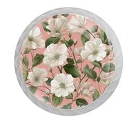 Retro Pink and White Flowers 4Pack Round Knobs, White Kitchen Cabinet Knobs, Single Hole Drawer Handle Pulls for Drawer Closet Dresser Cupboard Wardrobe Door