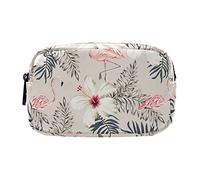 Retro Pink Flamingo, Palm Leaves, White Hibiscus Flowers on Beige Two Zipper Women Makeup Bag, Cosmetic Toiletry Storage Case Portable Coin Purse, Large Pouch Organizer Holder for Ladies Girls