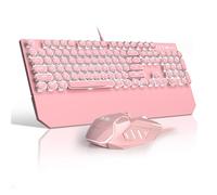 Retro Pink Typewriter-Style Keyboard and Mouse Combo, Cute Light Up Wired Mechanical Keyboard with Linear Red Switches, Full Size for Gaming, Work, Mac, PC, Windows