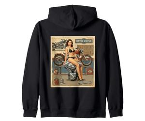 Retro Pinup Girl Motorcycle Mechanic Art Zip Hoodie