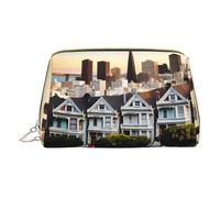 Retro Plaid Print Leather Makeup Bag Small Travel Cosmetic Bag for Women Cosmetic Makeup Organizer, San Francisco, Taglia Unica
