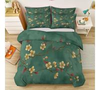 Retro Plant Green Leaves Cherry Blossom Branches Printed Super King Duvet Cover 260 x 220 cm, Bedding Set Microfiber Reversible Quilt Cover - Soft Lightweight Duvet Cover with Metal Zipper