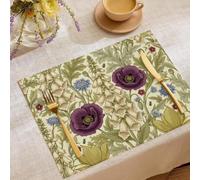 Retro Plants and Flowers Placemats Washable Set of 4,30 x 45cm /3D Printed Pattern Table Placemats,Cotton Linen Hemstitch Place Mats for Table,Kitchen,Dinning,poppy cornflower,Cream
