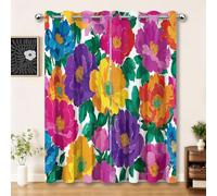 Retro Plants Flowers Clipart 100% Blackout Curtains for Living Room Bedroom W52 x L72 Inch (2 Panels), Colorful Print Eyelet Curtain Thermal Insulated Noise Reducing Window Curtain Drapes