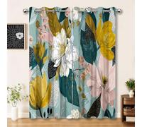 Retro Plants Flowers Leaves 100% Blackout Curtains for Living Room Bedroom W46 x L54 Inch (2 Panels), Blue Print Eyelet Curtain Thermal Insulated Noise Reducing Window Curtain Drapes
