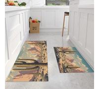 Retro Plants Kitchen Carpet Runners, Cactus Wildflower Mountain Range Non-Slip Kitchen Runner Rugs, Light Brown Washable Low Pile Area Floor Rug For Laundry Room Bedroom Entrance - 43X75Cm+43X150Cm