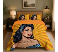 Retro Pop Art Coverless Duvet Single, Washable Coverless Quilt Comforter with Matching Pillowcase and Reversible Design Super Soft Warm Comfy Curly-Haired Woman'S Rays Camping Blanket, 140x200cm