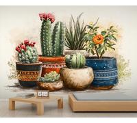 Retro Potted Cactus Wallpaper Flowers Vintage Succulent Bedroom Wallpaper Green Potted Plant Wall Murals for Living Room Mural Poster Mural for Living Room Bedroom Dining Room Decor 400 X 280 cm