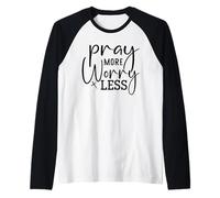 Retro Pray More Worry Less - Inspirational Christian Faith Raglan Baseball Tee