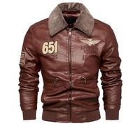Retro PU Bomber Jacket, Men's Casual Embroidery Zip Up Lapel Faux Leather Jacket for Fall Winter, Mens Vintage Brown Ginger Heepskin Aviator Flying Leather Jacket Removable Collar