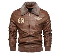 Retro PU Bomber Jacket, Men's Casual Embroidery Zip Up Lapel Faux Leather Jacket for Fall Winter, Mens Vintage Brown Ginger Heepskin Aviator Flying Leather Jacket Removable Collar
