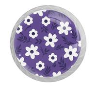 Retro Purple and White Flowers 4Pack Round Knobs, White Kitchen Cabinet Knobs, Single Hole Drawer Handle Pulls for Drawer Closet Dresser Cupboard Wardrobe Door