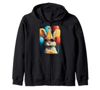 Retro Rabbit Birthday Party Balloons & Cake Pixel Animal Zip Hoodie
