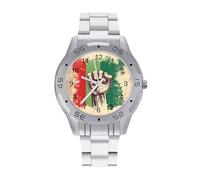 Retro Raised Fist Mexico Flag Watches for Men Business Dress Watch Analog Quartz Wristwatch Stainless Steel Band