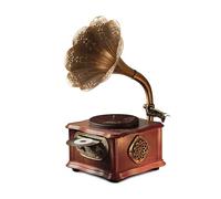 Retro Record Player with Bluetooth, Phonograph and CD Playback, Brass horn with wooden base, FM Radio, Remote Control,Built-in Speaker